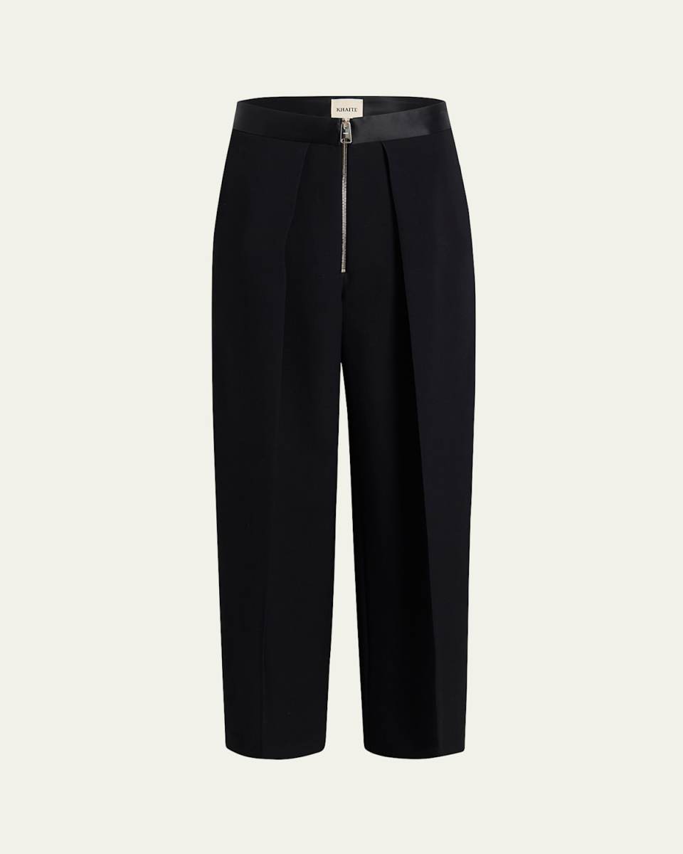 Marine Pleated Wide-Leg Pants with Zipper Front